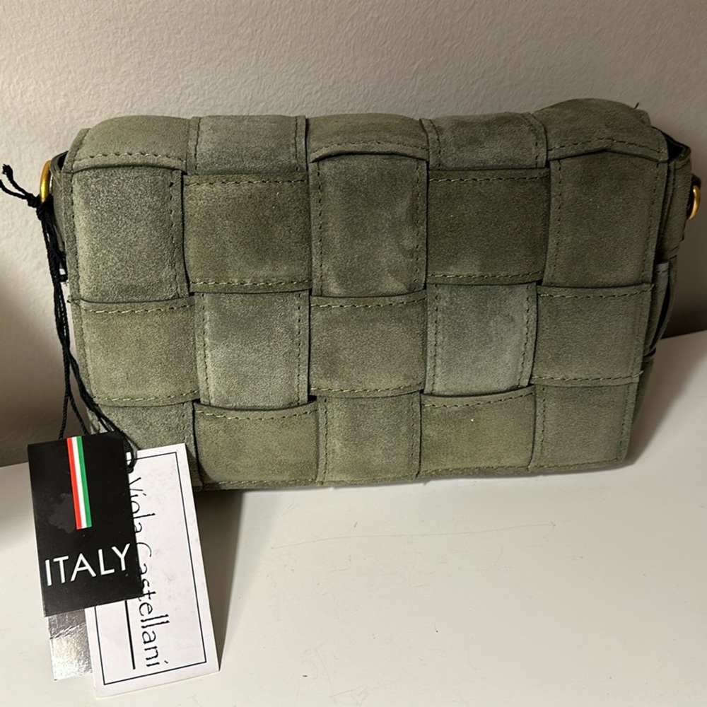 NWT VIOLA CASTELLANI Olive green Suede Cassette Crossbody Made In Italy